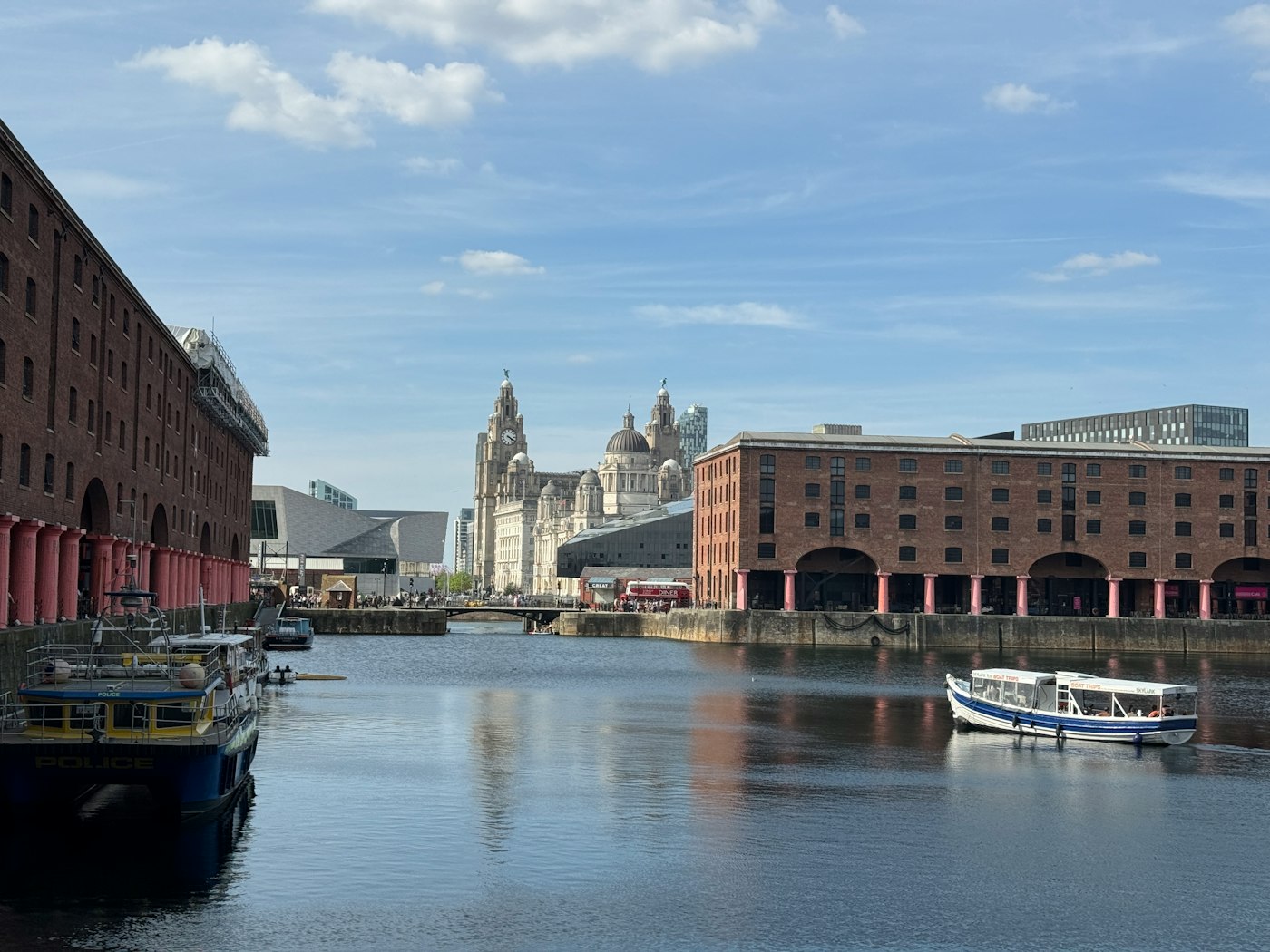 The Royal Albert Dock in Liverpool, with the Royal Liver Building behind it
