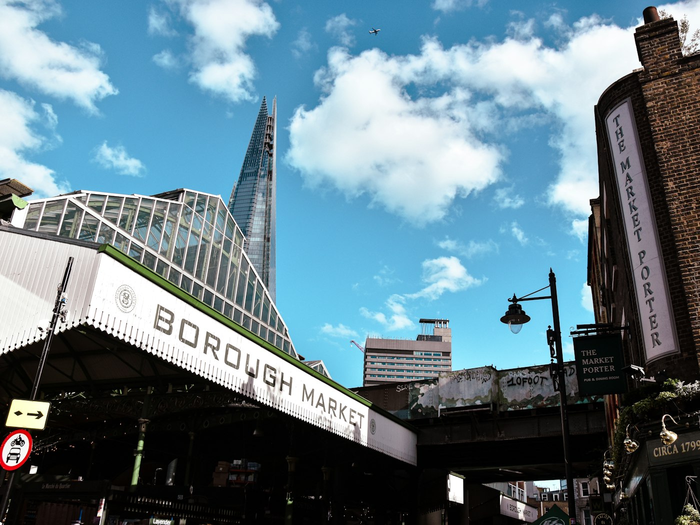 The entrance to Borough Market in London, with a pub on the corner